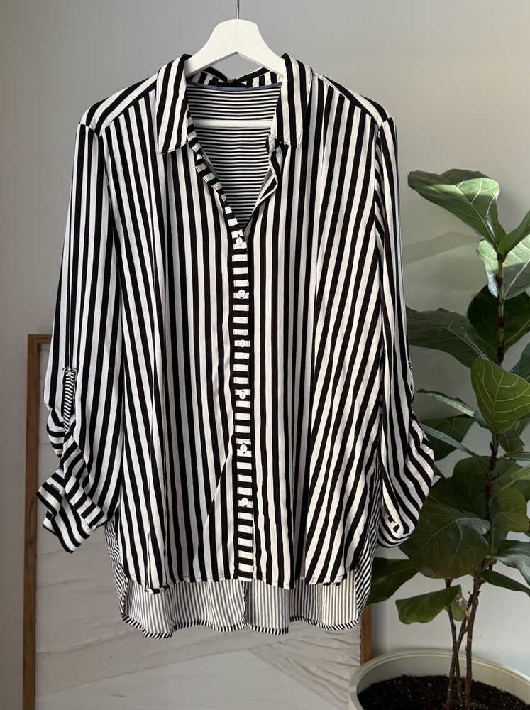 Women's JANE + DELANCY Black & White Striped Button Down Rayon Shirt Top Size XL