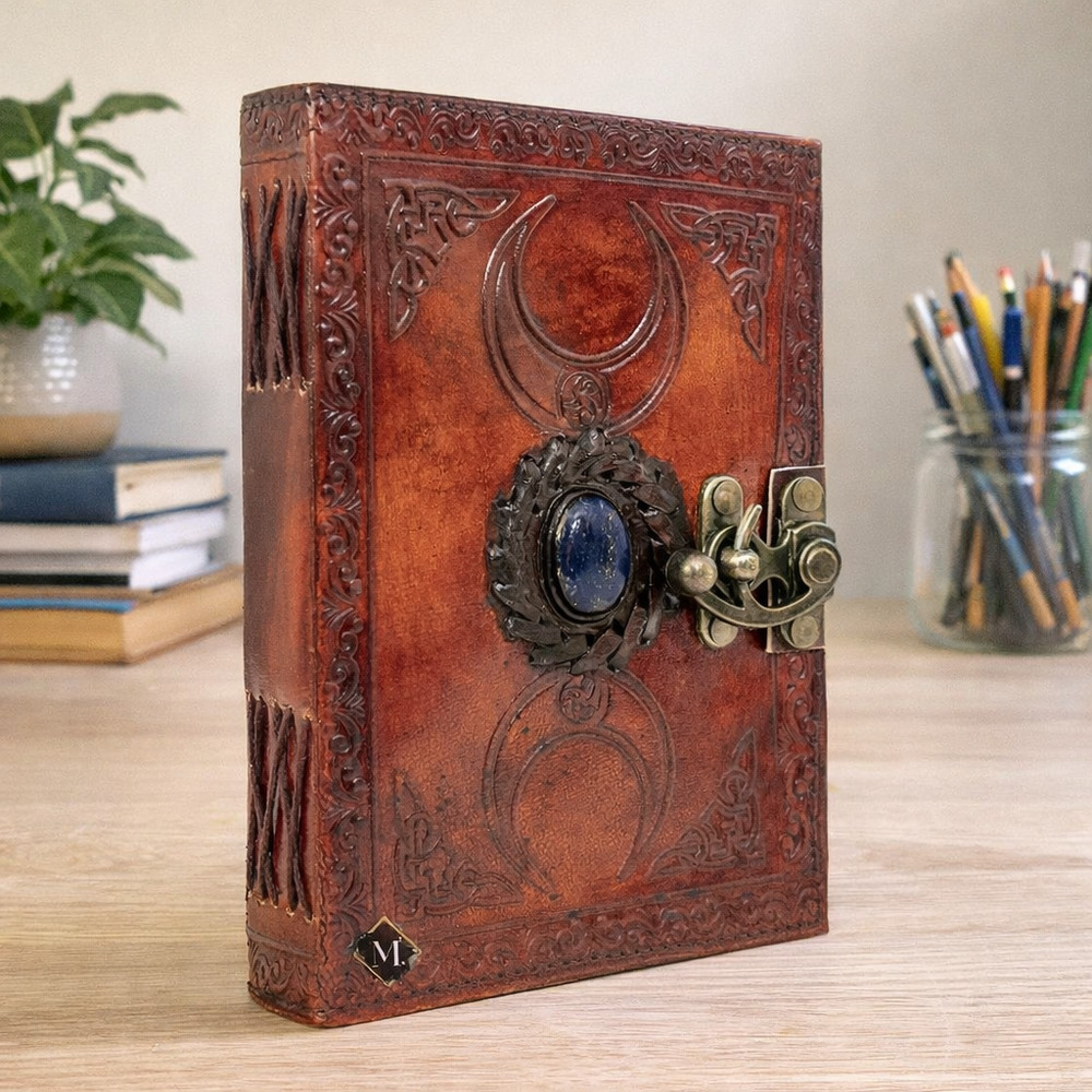 Leather Journal Handmade7x5Notebook with Moon Stone Single Lock–200 Blanck Pages