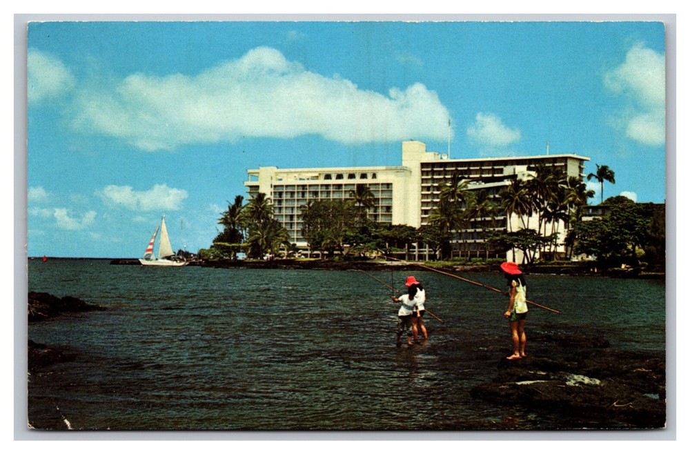 Hilo HI Hawaii Naniloa Surf Resort Hotel Hilo Bay Sailboat Chrome Postcard