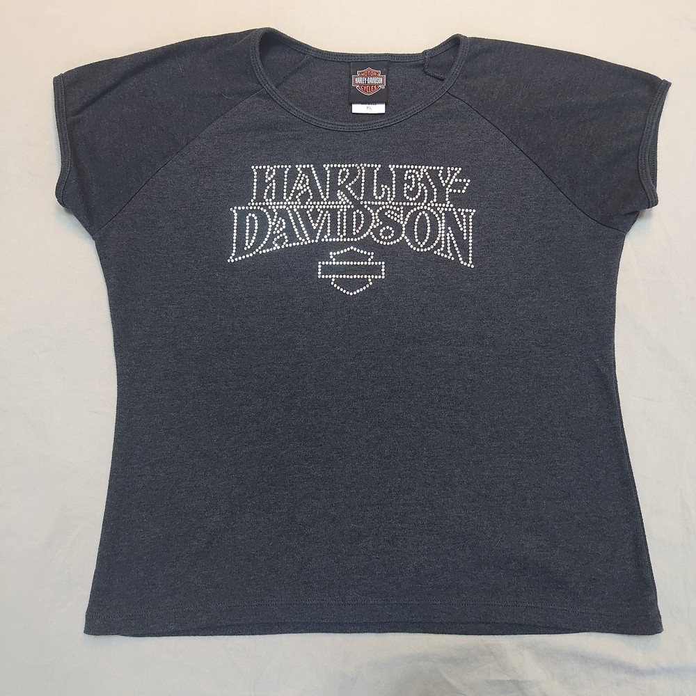Y2K Harley Davidson Women's T-Shirt XL Bedazzled Made In USA Quincy, IL