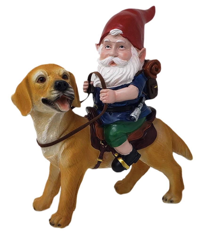 Funny Guy Mugs Gnome and a Yellow Lab Statue- Yellow Labrador Retriever- Indo...