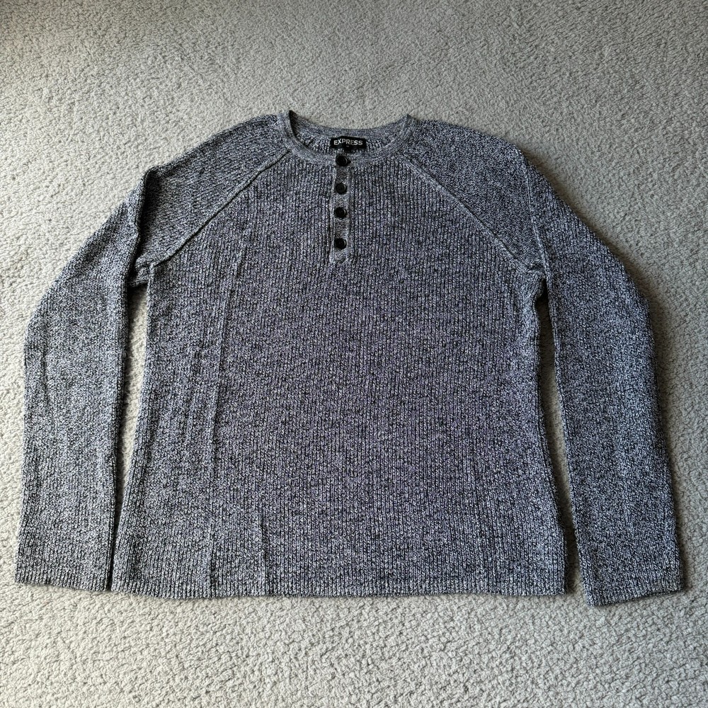 NEW Express Sweater Mens Large Gray Henley Pullover Chunky Modern Casual Outdoor