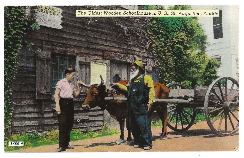 St. Augustine Florida c1950's Oldest Wooden School House in U.S., Ox Cart