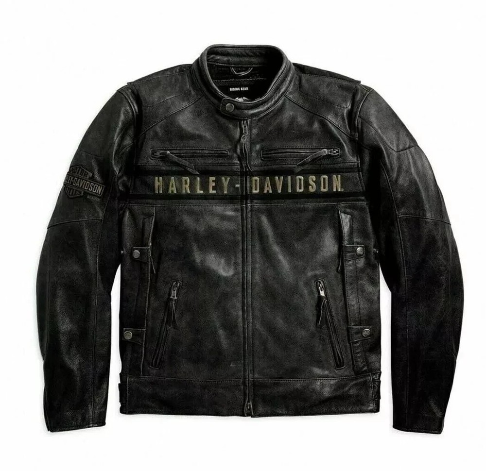 Harley Davidson Men Passing Link Distressed Black Leather Jacket Genuine Cowhide