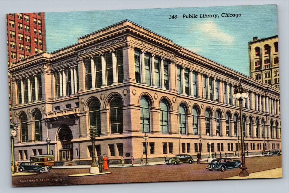 Chicago Public Library Curteich Linen Postcard Vintage 1930s-40s Illinois