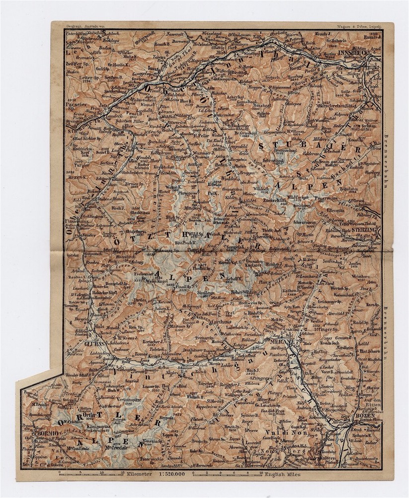 1903 Original Antique Map Of Stubai Ötztal Alps Meran Bolzano Italy Austria