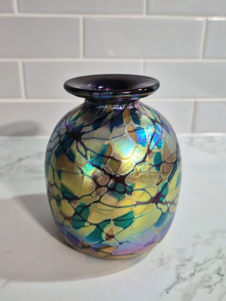 Rick Hunter Signed Blown Glass Purple Blue Gold Iridescent Art Glass Vase