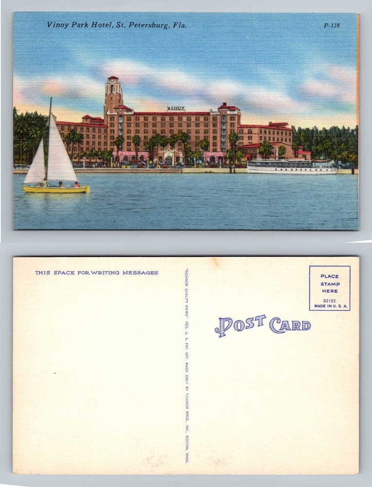 St Petersburg, FL-Florida, Vinoy Park Hotel Waterfront Sailboat Vintage Postcard