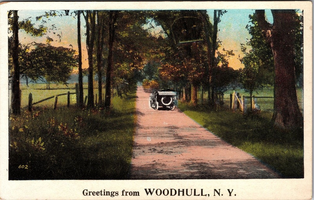 Woodhull NY-New York Scenic Greetings Old Car on Scenic Road Vintage Postcard