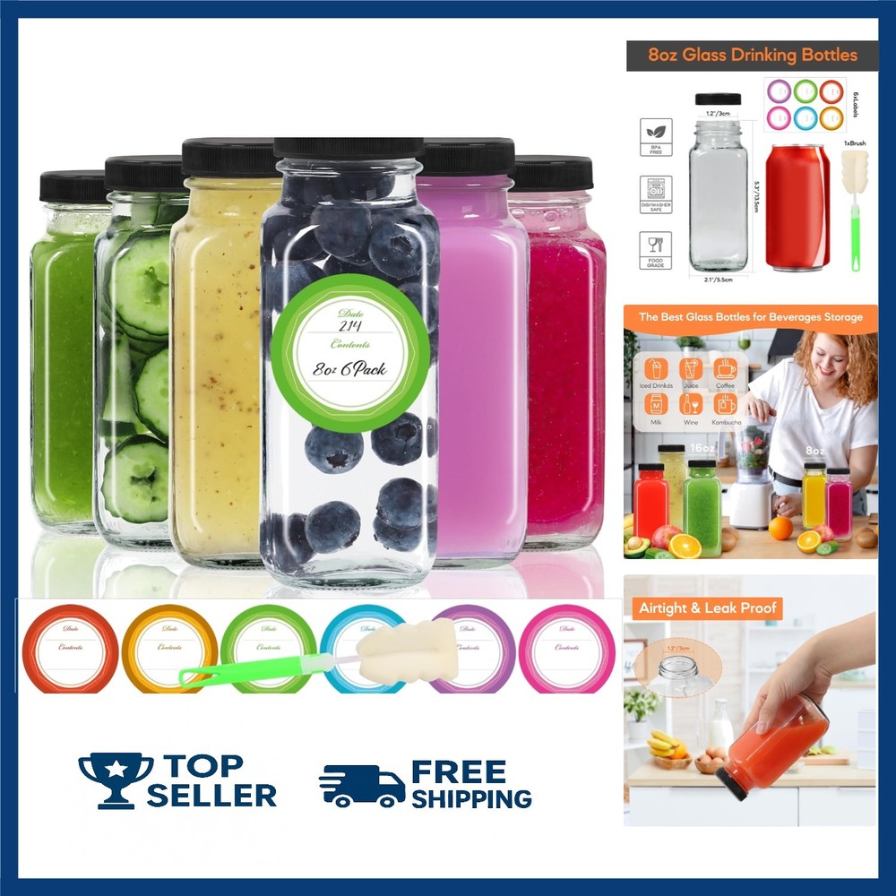 8 oz Glass Juice Bottles with Lids 6 Pack - Square Reusable Drinking Jars for...