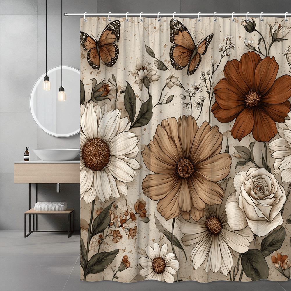 Boho Floral Butterfly Shower Curtain Beige Brown Flowers