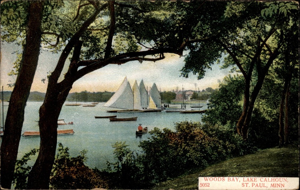 Woods Bay Lake Calhoun Minnesota sailboats vintage postcard b444