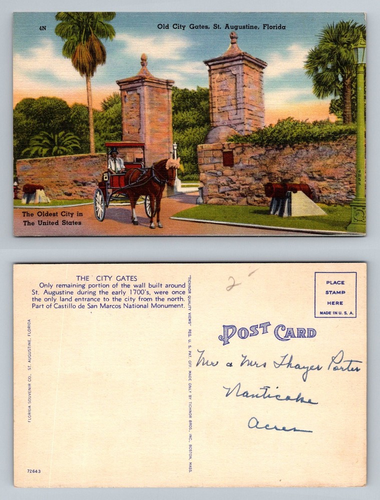 St. Augustine, FL-Florida, Old City Gates Horse Carriage Cannon Vintage Postcard