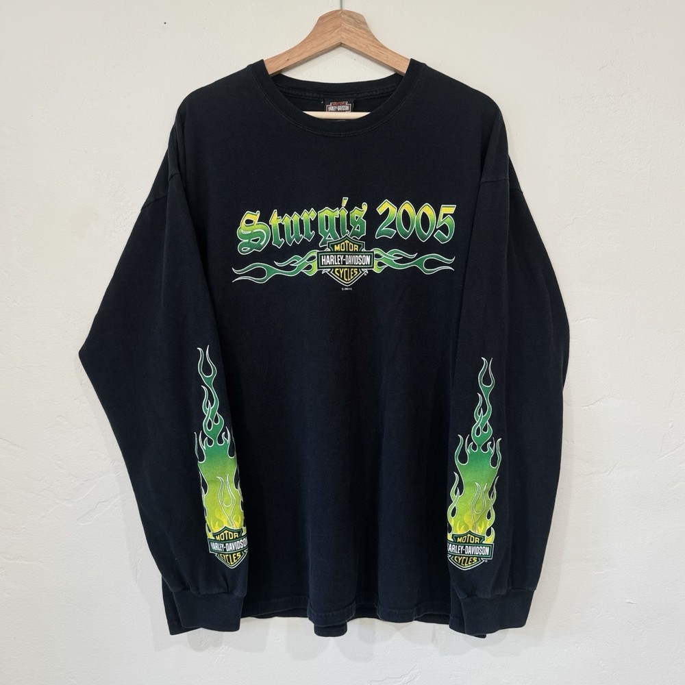 Vintage 2005 Harley Davidson Green Flame Biker Long Sleeve Tee Size XL