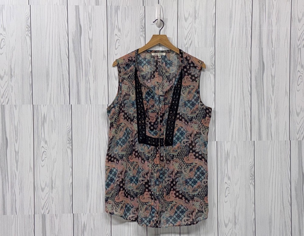 Black Rainn top womens size 1x sleeveless button up patterned blouse