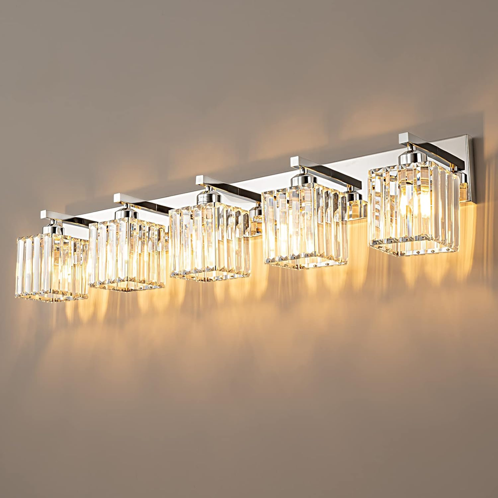 Modern Bathroom Vanity Light 5-Lights Modern Chrome Crystal Bathroom Wall Light