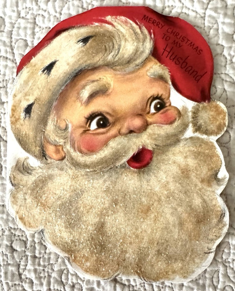 Unused Christmas Santa Glitter Beard Hair Greeting Card 1950s Not Perfect