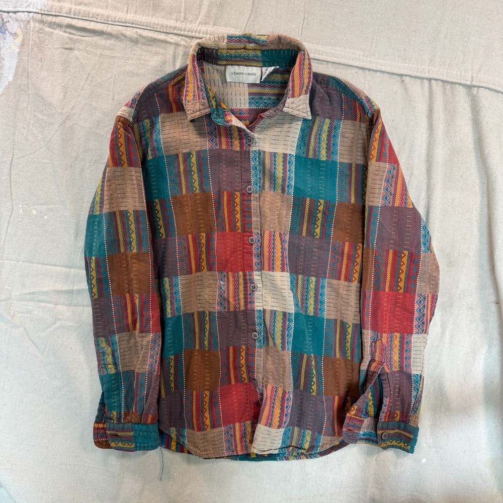 VTG 90s Boho Hippie Madras Patchwork Shirt Womens S Americana Prep Style