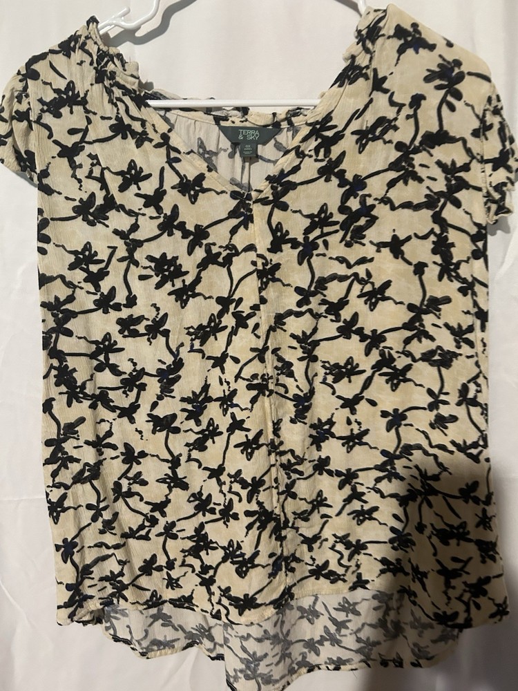 AB Studio Womens M Beige Black Floral V-Neck Short Sleeve Chiffon Blouse