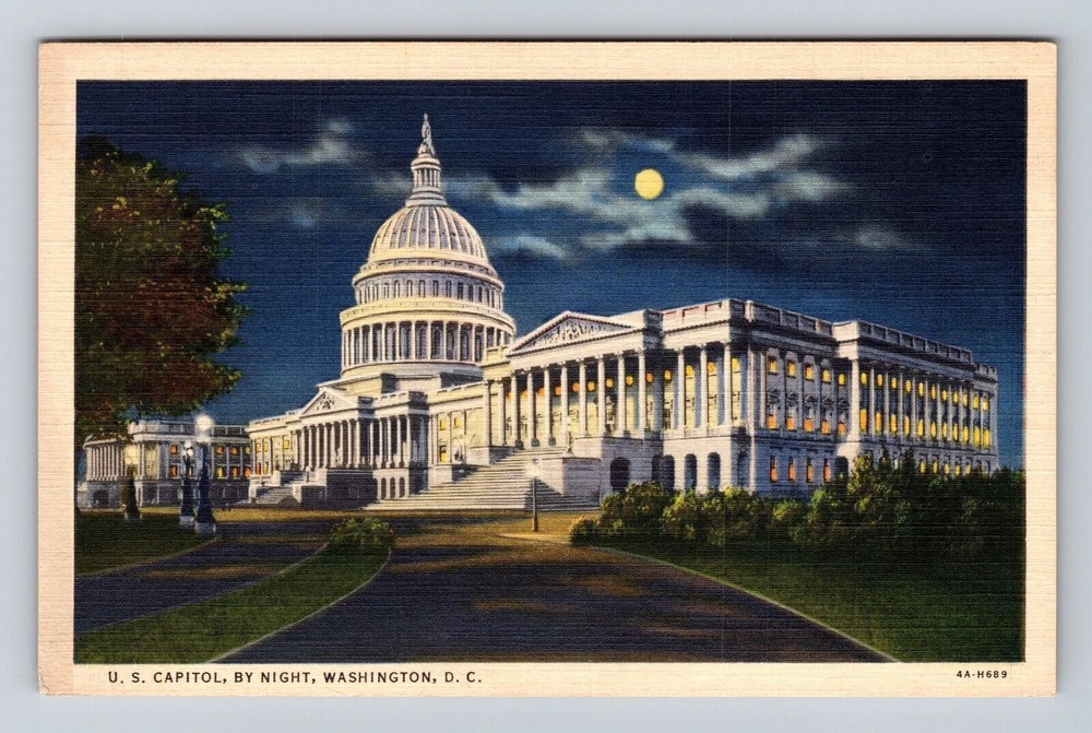 Washington DC-United States Capitol By Night, Antique, Vintage Souvenir Postcard