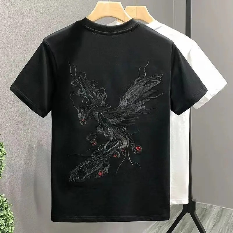 Men's Phoenix Embroidery Short Sleeve T-Shirt Summer Breathable Casual Tee