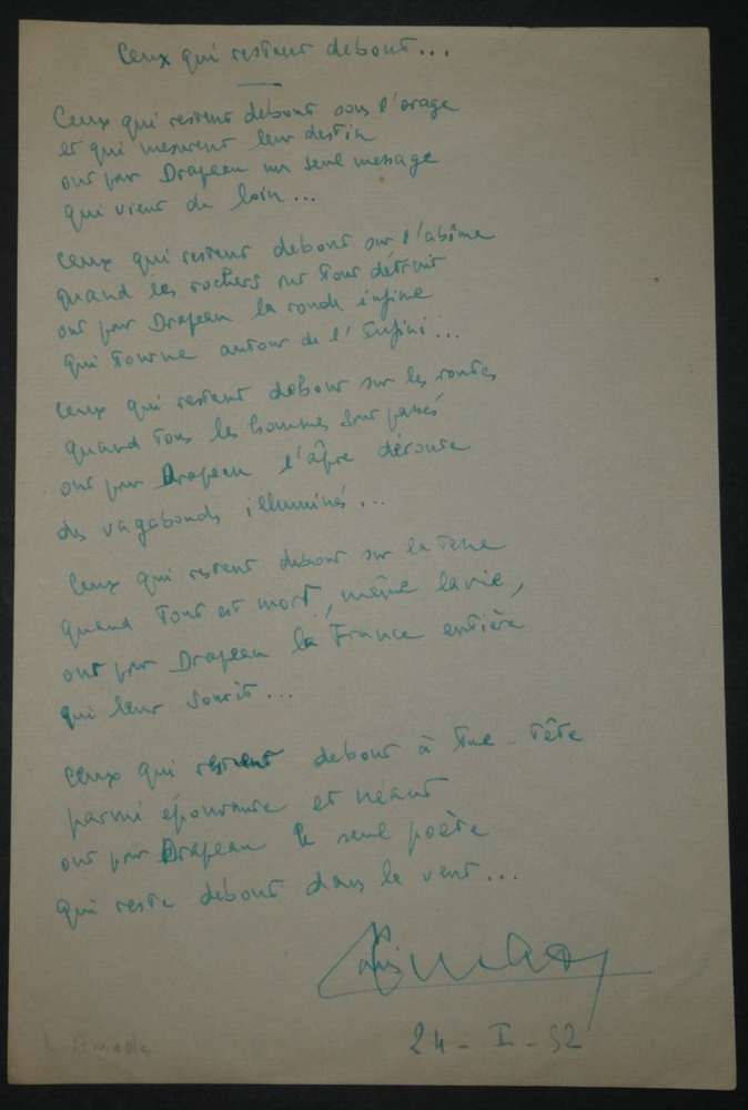 Louis Amade Poem Autograph Card Signed Patriotica 