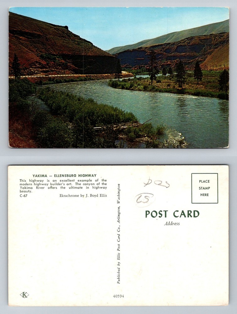 Yakima, WA-Washington, Ellensburg Highway Along Yakima River Vintage Postcard