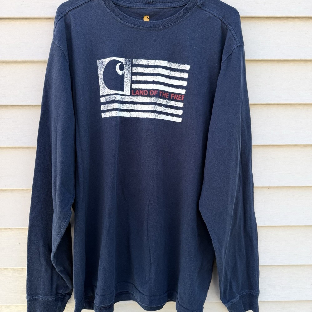 Carhartt T-Shirt Mens L Blue Land Of the Free Flag Relaxed Fit Long Sleeve USA