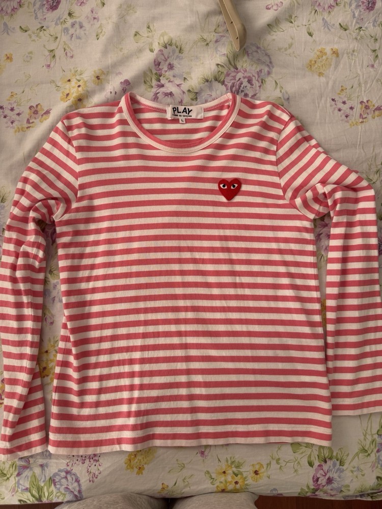 Authentic Comme des Garcons Play Striped T Shirt Pink White SizeL Red Heart Logo
