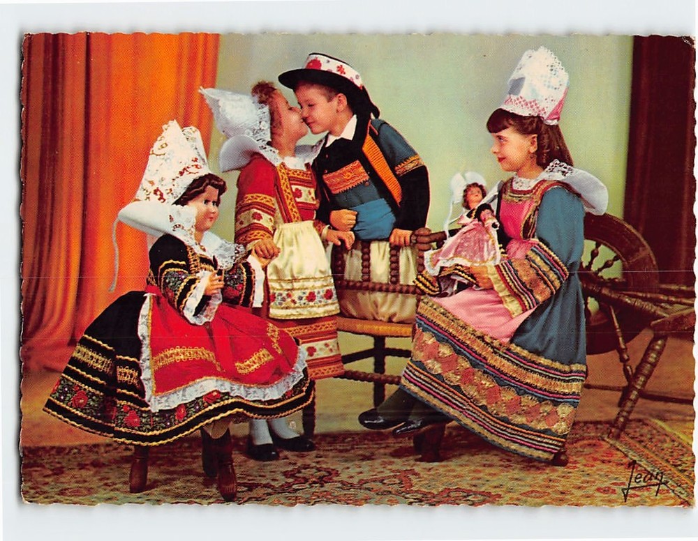 Postcard Children in Traditional Breton Folk Costumes France