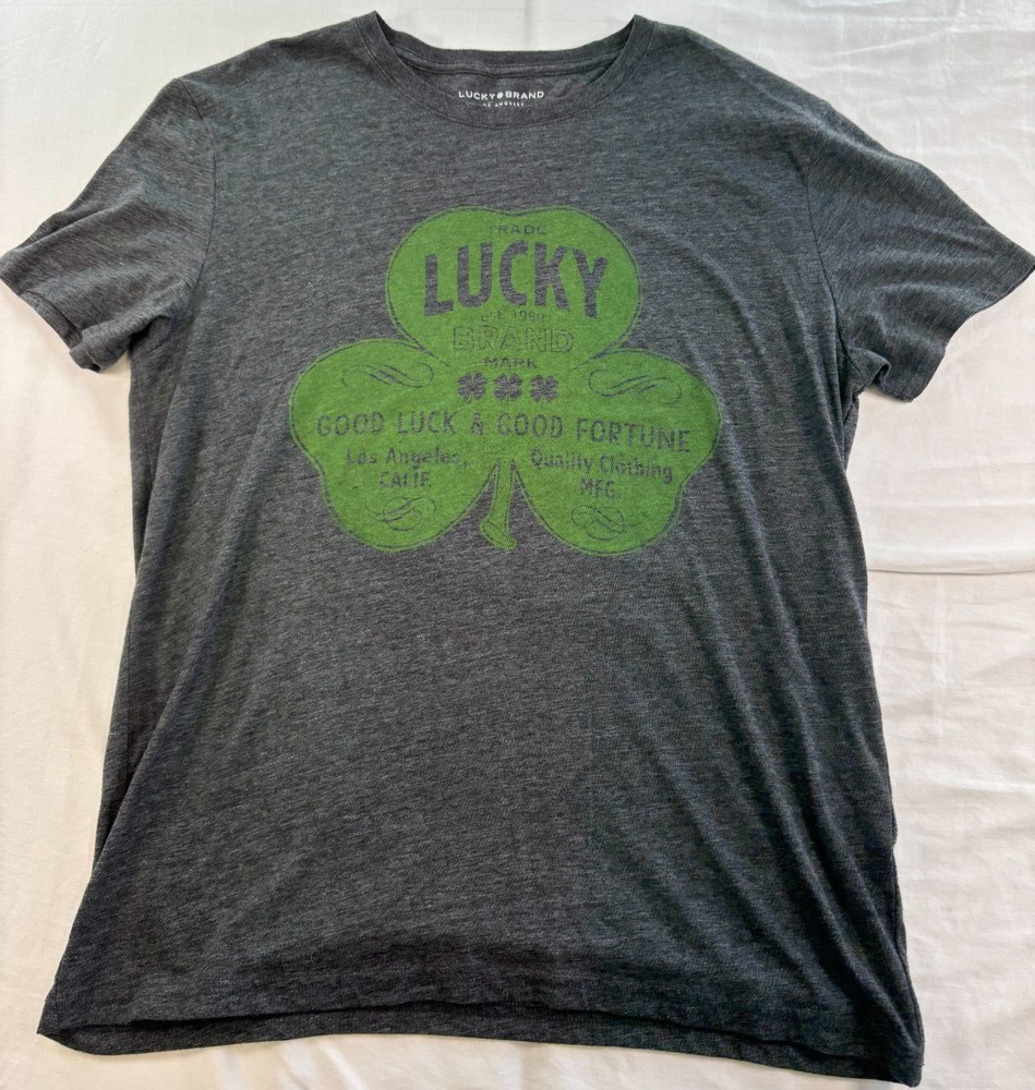 Lucky Brand T Shirt Mens Sz Medium Gray Clover Graphic Tee Short Sleeve
