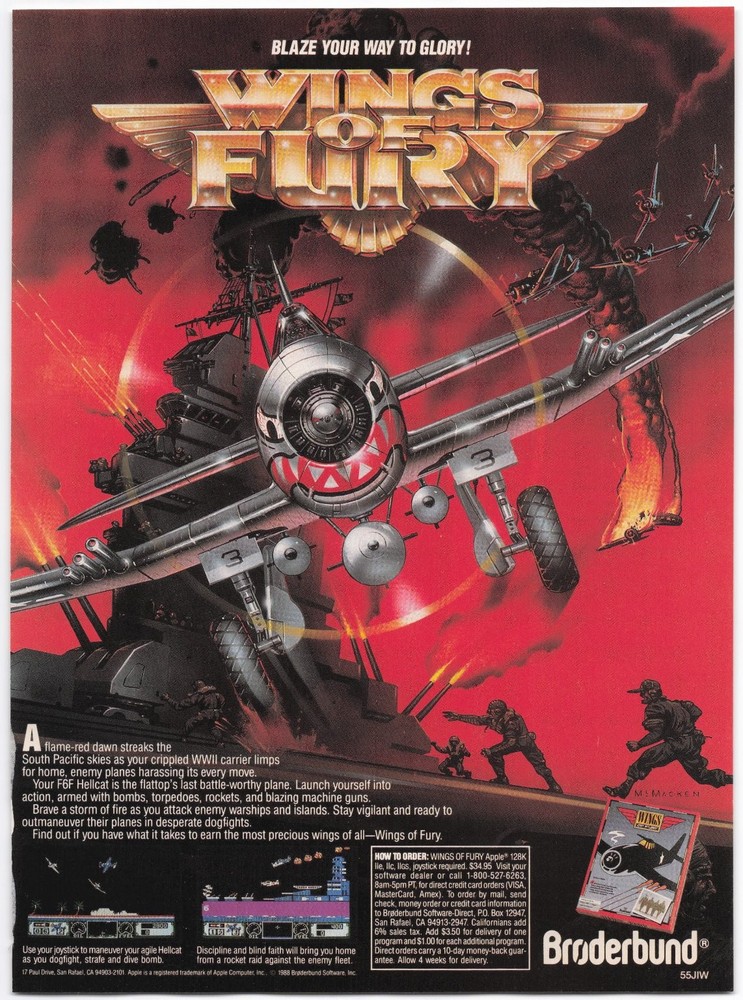 WINGS OF FURY Computer Game Ad Apple 1988 WWII Brøderbund Electronics