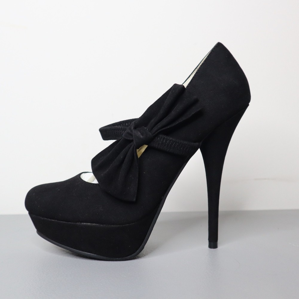 Black Suede Platform High Heels with Bow - Size 7.5