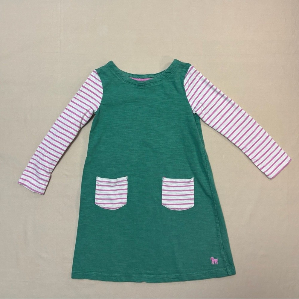 Mini Boden Girls Green Dress with Pink Striped Sleeves + Pockets Size 6-7 Small