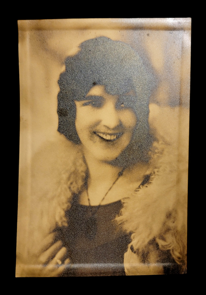 Antique Vintage Photo Portrait Young Girl Lady Woman Dress Fur Coat Hair Smile