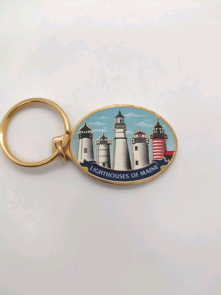 Gold Tone Metal Enamel Maine Lighthouses Oval Key Chain Made in Canada Landmark