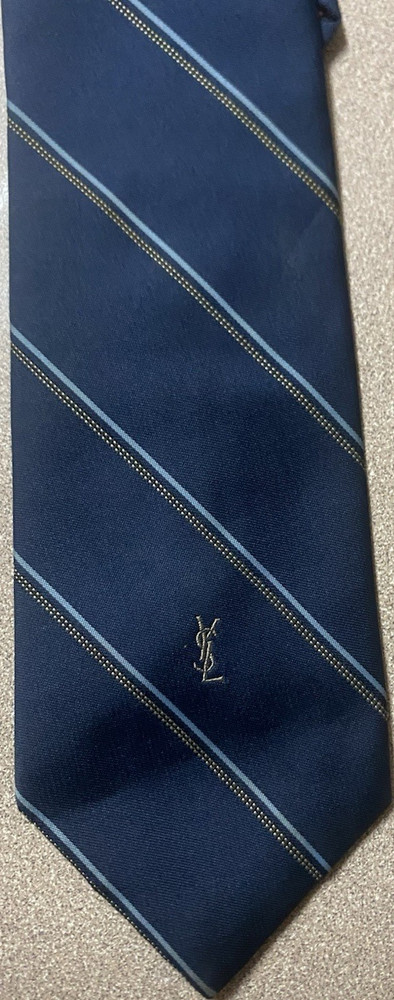 Yves Saint Laurent Men's Navy Blue Striped Silk Designer Tie Woven Logo Accent