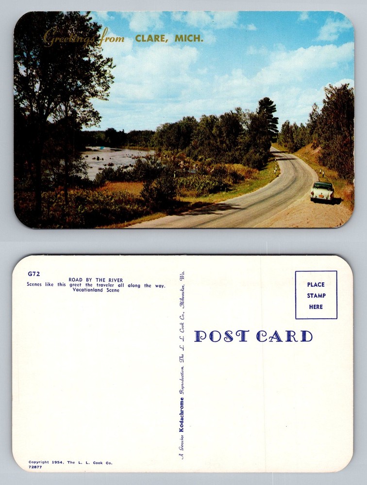 Clare, MI-Michigan, Greetings Scenic Road By The River Drive Vintage Postcard