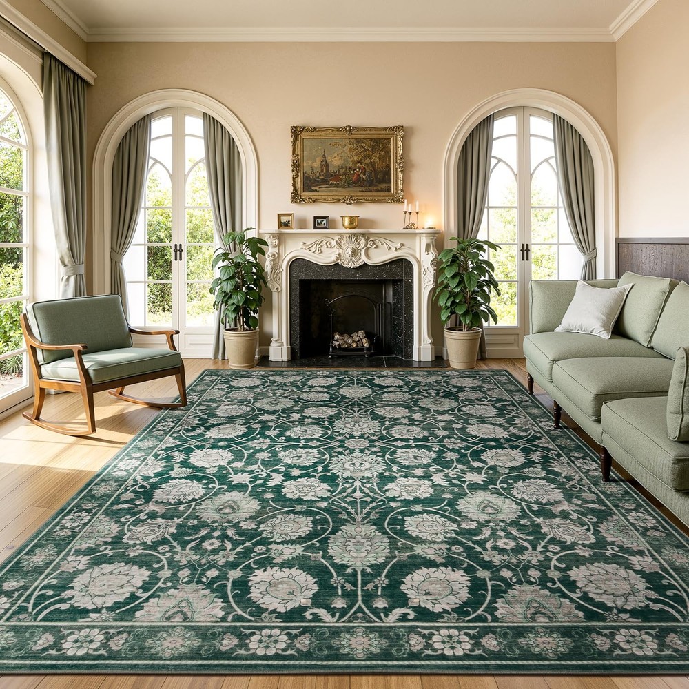 Floral 8x10 Area Rugs for Living Room, Washable Large Bedroom Rug, Soft Non S...