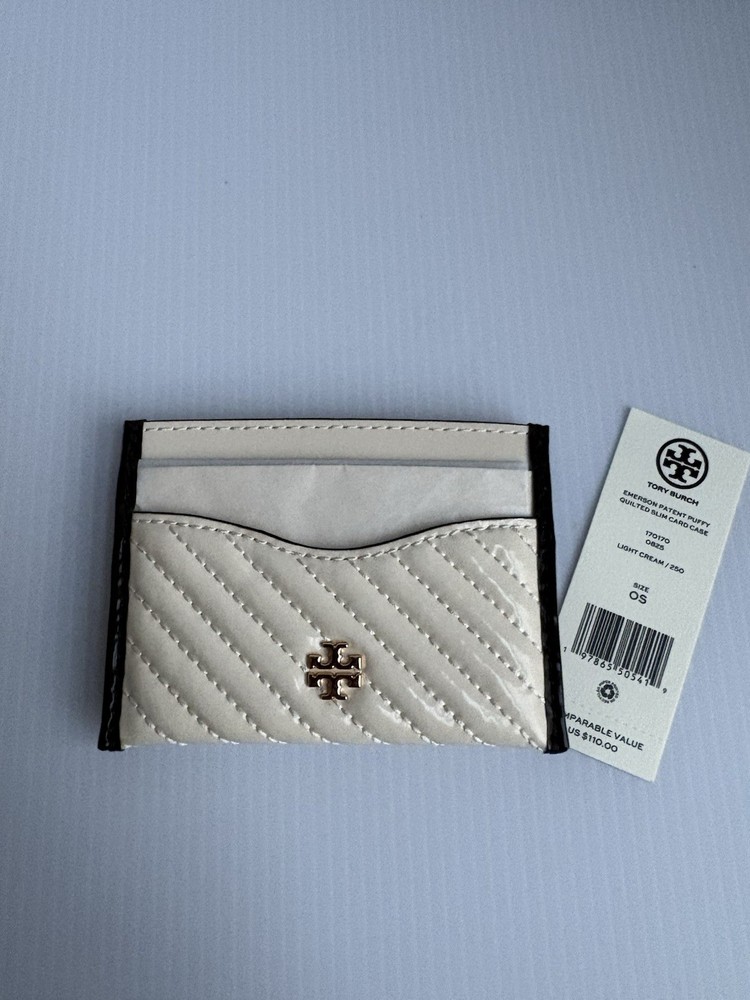 Tory Burch Emerson Patent Puffy Quilted Slim Card Case 170170 Light Cream