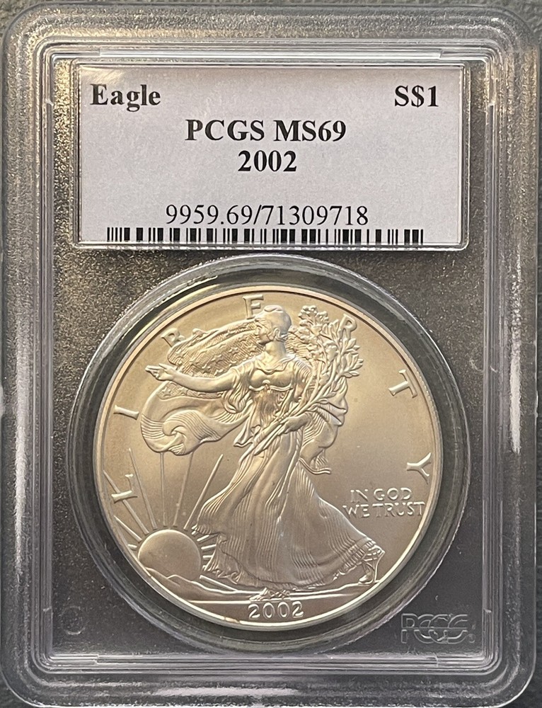 2002 Silver Eagle Graded (PCGS MS69) Silver $1 one ounce 0.999 fine US Mint