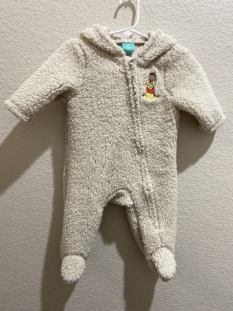 Disney Baby Winnie the Pooh Ivory Fleece Hooded Zip Coverall 3-6M Long Sleeve