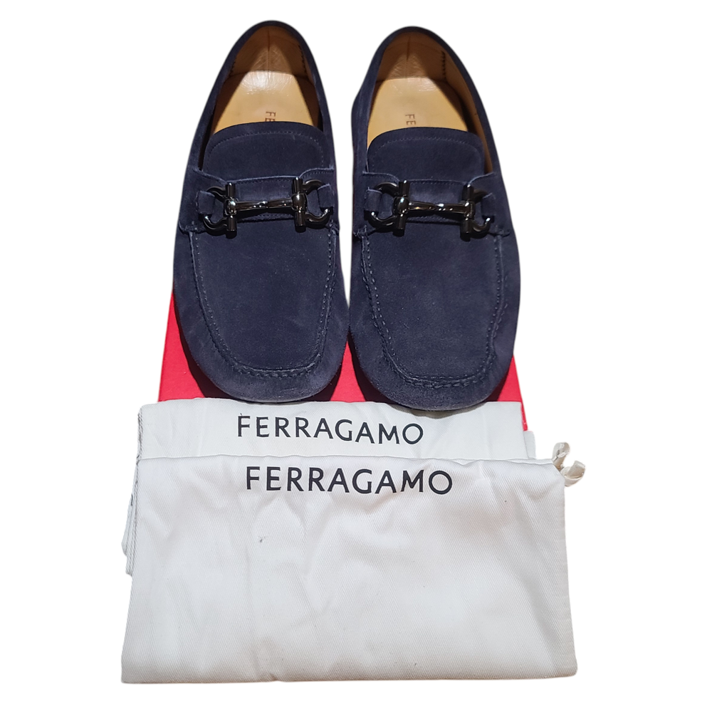 Salvatore Ferragamo Parigi Men's Driver Slip On Loafers Suede Navy Blue 10.5 E