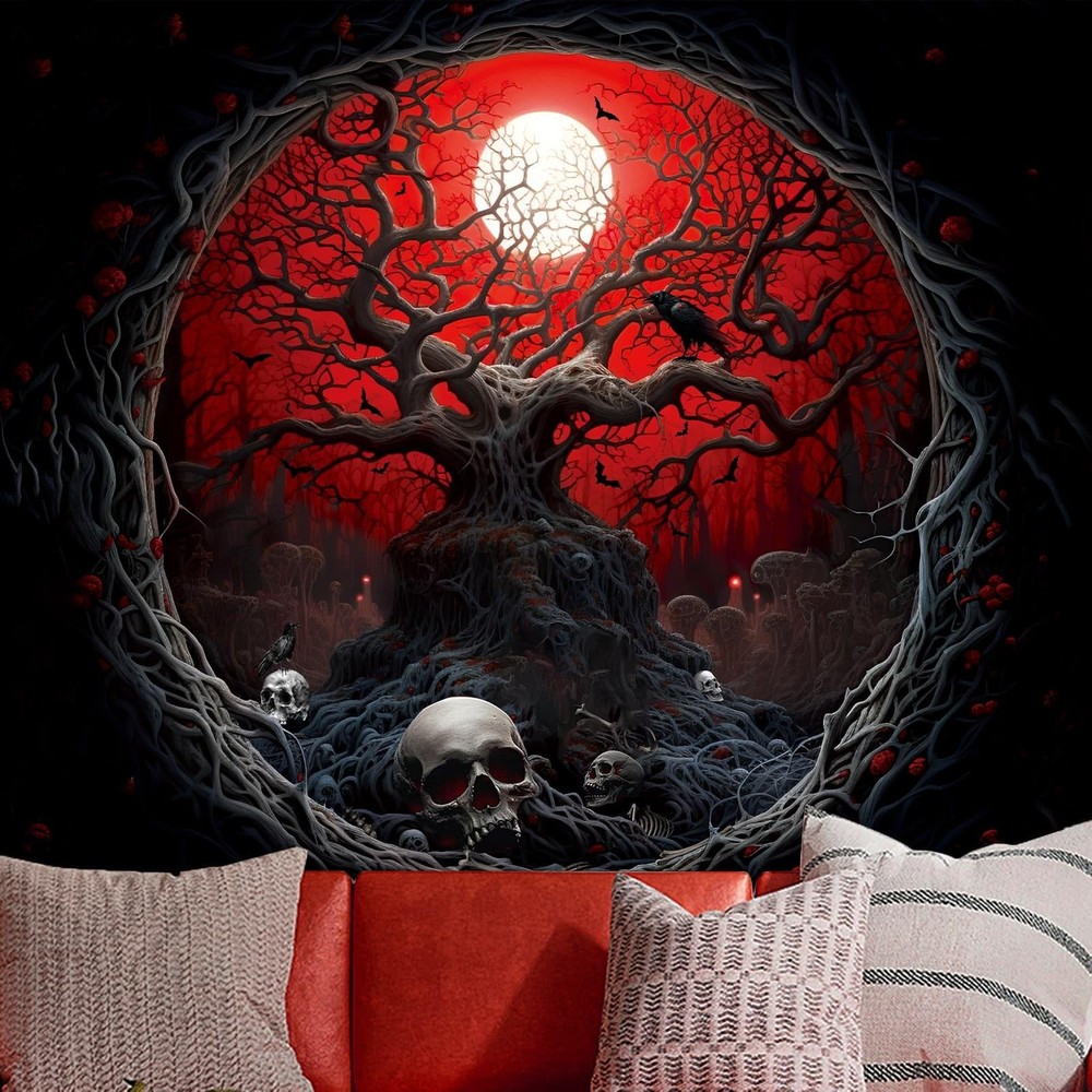 Halloween Black Red Anime Tapestry, Gothic Dark Forest Moon Wall Hanging, Nature