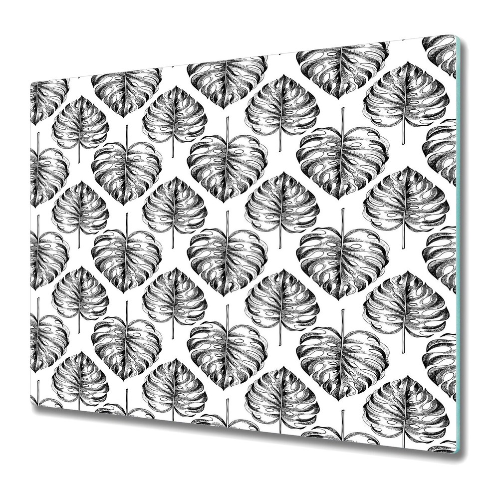 Glass Worktop Saver Monstera Leaf Tropic Floral Black and White 60x52