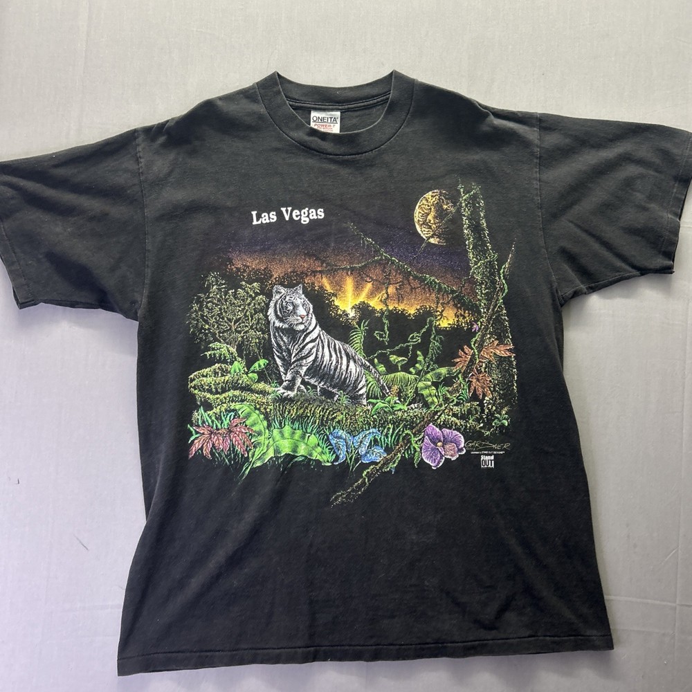Vintage 1993 Las Vegas Tiger T Shirt Stand Out Designs Nature Moon Fade Sz XL