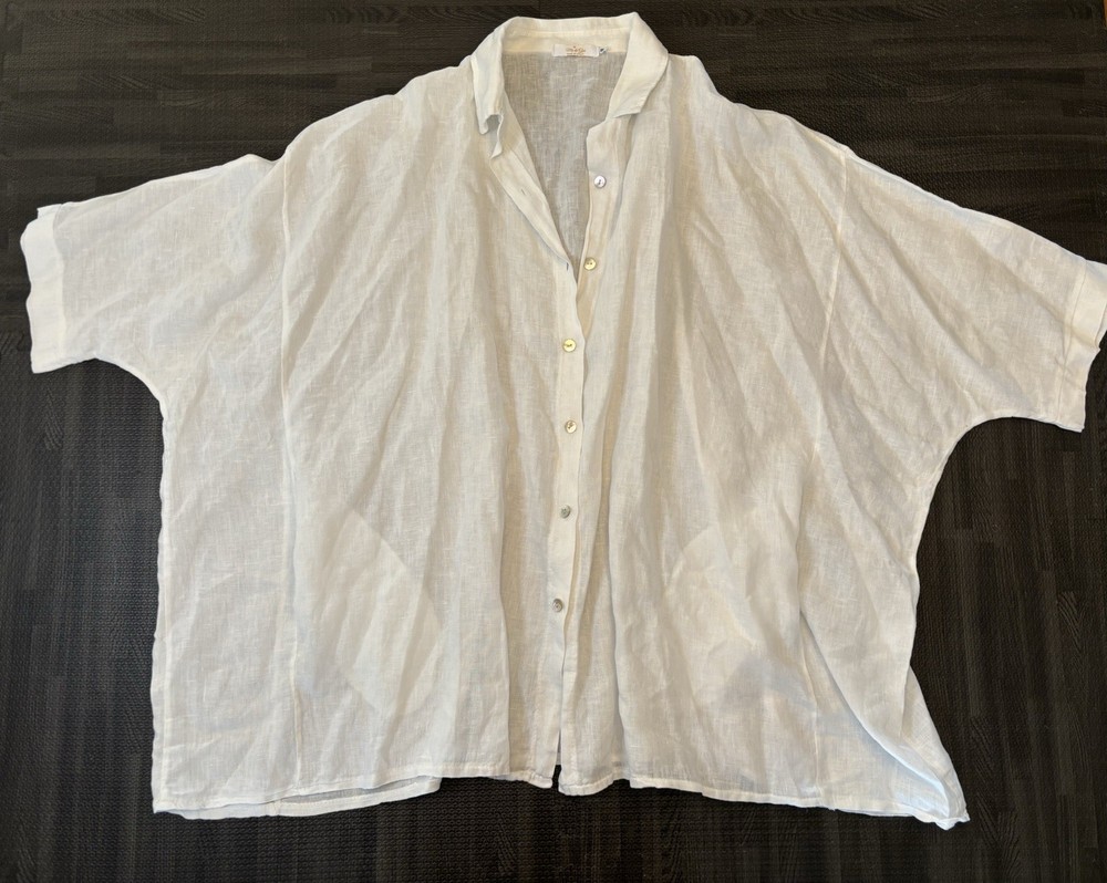 Me & Gee Italy Womens Size M White Tunic Linen Top Shirt Pockets Oversized
