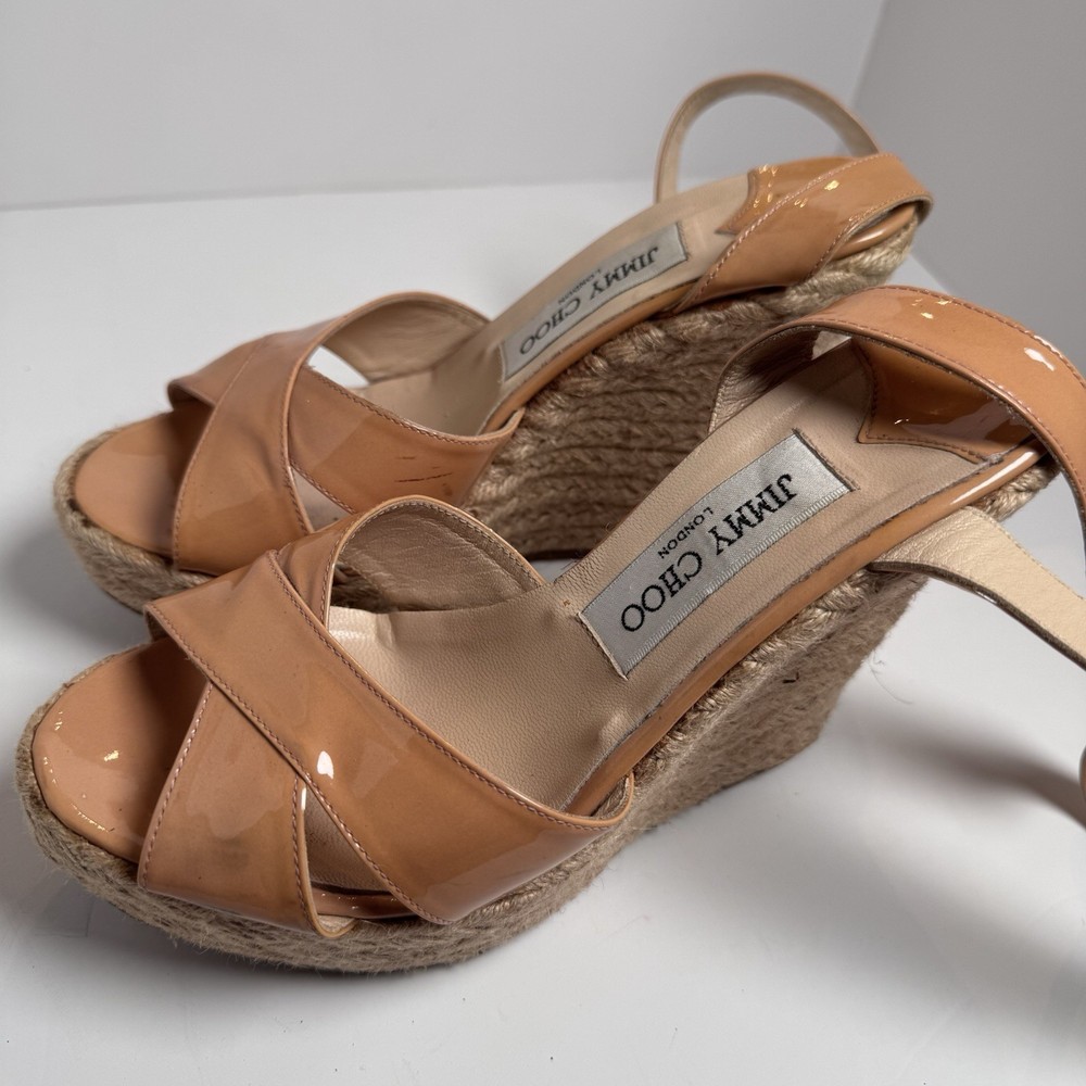 Jimmy Choo Patent Leather Espadrille Wedge Sandals in Nude Peach 37