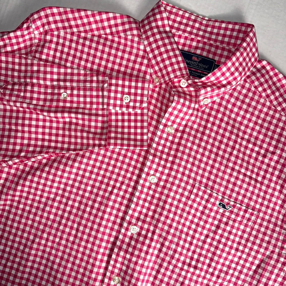 Vineyard Vines Mens L Gingham Pink Button Down Classic Fit Tucker Shirt