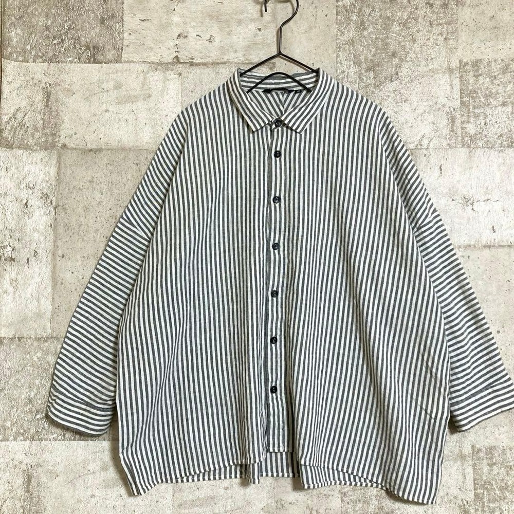Pas de Calais Striped Blouse Charcoal Gray Cotton Linen Size 36 Loose Fit